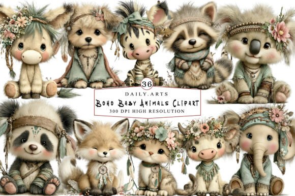 Download Whimsical Boho Baby Animals Clipart - Baby Collection