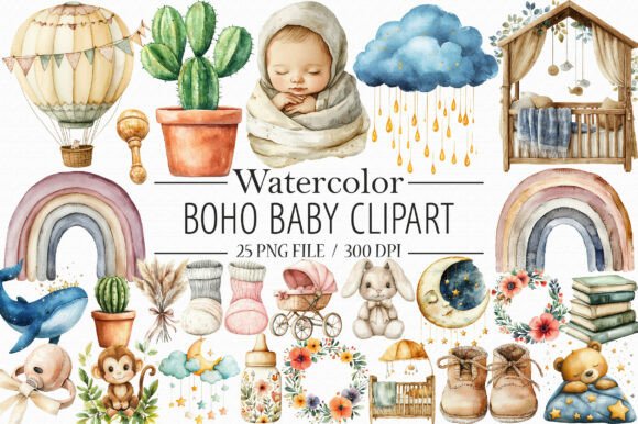 Download Watercolor Boho Baby Clipart, - Baby Collection