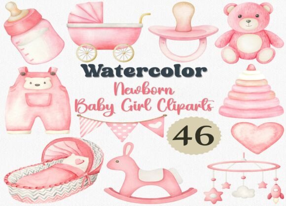 Download Watercolor Newborn Baby Girl Clipart Set - Baby Collection